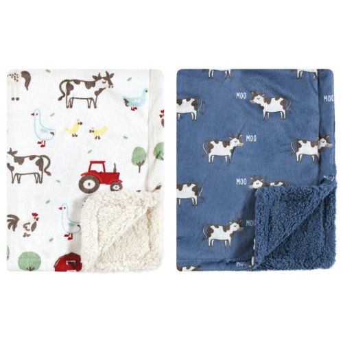 Hudson Baby Infant Boy Plush Mink and Faux Shearling Blanket, Boy Farm Animals, One Size
