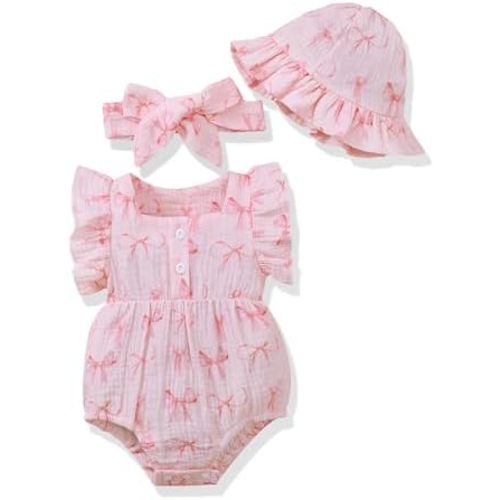 Renotemy Baby Girl Clothes Infant Summer Romper Cotton Linen Newborn Essentials Photography Preemie Outfits with Hat&Headband