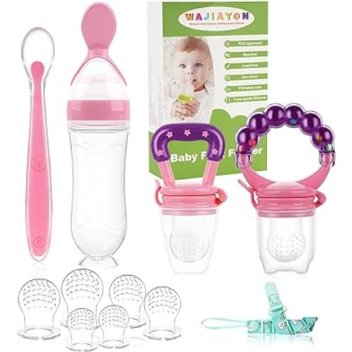 WAJIAYON Baby Fruit Feeder Pacifier - 12 Pack | 2 Baby Fruit Food Feeder Pacifier & 1 Baby Food Dispensing Spoon | Fresh Fruit Teethers for Babies | Silicone Feeder Baby,Mesh Baby Feeder (Pink)