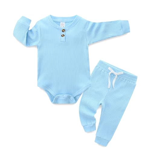 Hikido Newborn Baby Boy Girl Clothes Infant Ribbed Romper Cotton Long Sleeve Pant Sets for 0~18M Infant