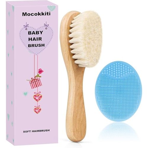 Baby Hair Brush, Mocokkiti Goat Bristles Brush and Baby Cradle Cap Brush Set for Cradle Cap Wood Bristle Brush for Newborns and Toddlers, Blue Silicone Brush (2PCS)