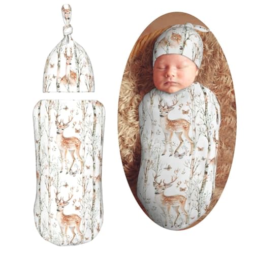 Cute Deer Animal Woodland Swaddle Blanket with Beanie Hat Set Newborn Swaddle Wrap Soft Baby Receiving Blankets Baby Swaddle Sleep Sack for Baby Boys and Girls