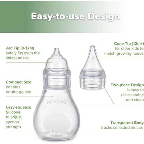 Haakaa Silicone Baby Nasal Aspirator | Nose Bulb Syringe | Easy-Squeezy Baby Nose Cleaner, 0m+ Newborn Infant &Toddler - BPA Free Silicone-2 Tips