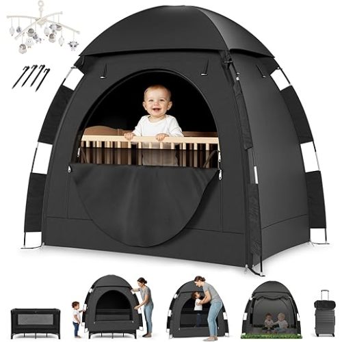 YoungMinds Blackout Baby Crib Tent - Waterproof Sleep Pod Fits for Travel Pack and Play, Milk Silk Fabric, Kids Black Out Cover Mosquito Net Tent with Toy Holder, Pack N Play Canopy Blocks Light