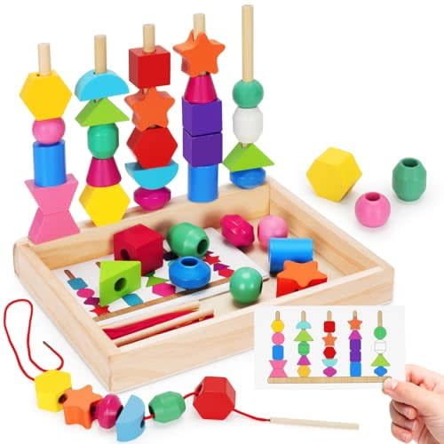 Montessori Wooden Lacing Beads Toys for 2 3 4 Year Old Toddler Kids,Sequencing & Stacking Block Toy with Storage Box,STEM Preschool Learning Toys,Christmas Birthday Gifts for Boys Girls