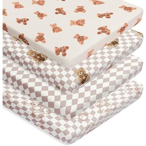Fitted Baby Neutral Pack N Play Sheets Mini Crib Sheets Bear and Buffalo Check Plaid Breathable Unisex Baby Sheet Set for Boys or Girls