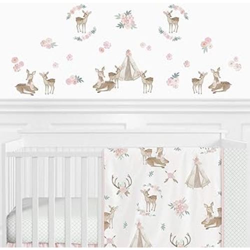 Boho Woodland Deer Floral Peel and Stick Wall Decal Stickers Art Nursery Decor by Sweet Jojo Designs - Set of 4 Sheets - Blush Pink, Mint Green and White