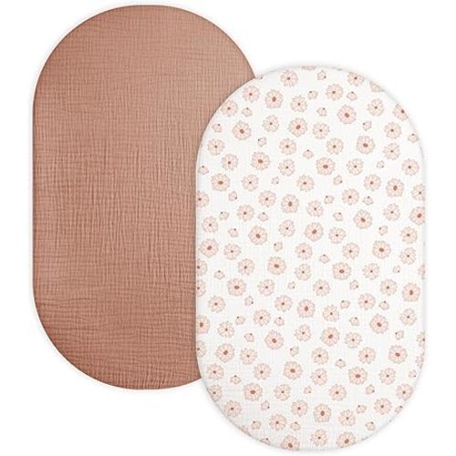 Bassinet Sheet for Baby Boy and Girl 2 Pack, Fitted Sheets for Rectangle, Oval, Hourglass Bassinet Mattress, Muslin Moses Basket Sheets with Neutral Style(Dusty Rose & Flower-A)