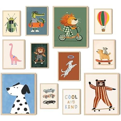 Aroutde 12Pcs Cartoon Animal Canvas Wall Decor Nursery Room Playful Animals Prints Modern Artwork for Kids Room Playroom Decor (Unframed)