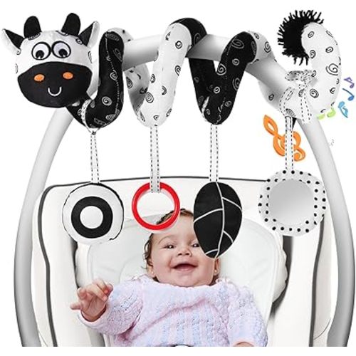 FATI Spiral Black and White Baby Car Seat Toys, High Contrast Toy Hanging Toys for Carseat Activity Toys, Newborn Plush Stroller Toys for 0 3 6 9 12 Months Boys Girls Sensory Development Ideal Gift
