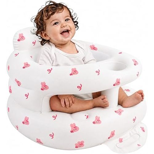 Inflatable Baby Seat for Babies 3-36 Months, Baby Chair with Fence & Built in Air Pump, Blow Up Floor Baby Seat with Back Support, Inflatable Baby Chair Sit Me Up for Home, Travel Pink Rabbit Fence