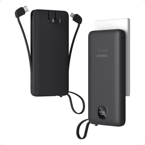 TESSAN Portable Charger with Built in Cables, 10000mAh Power Bank Fast Charging with Foldable AC Plug, PD20W Compact Battery Pack Travel Essentials for iPhone 17/16/15 Series, Samsung, Tablets, Black
