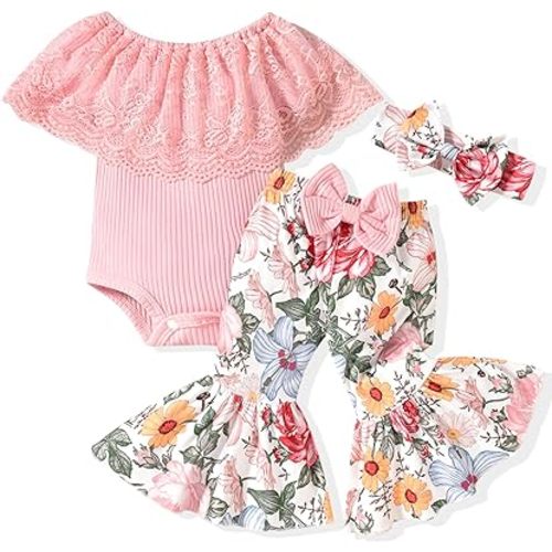 HINTINA Newborn Baby Girl Short Sleeve Bodysuit Flared Pants Ribbed Outfits