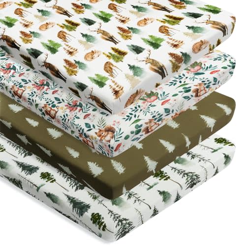 4 Pack N Play Sheets Woodland Forest Animals Wood Neutral Unisex Fitted Baby N Play Sheets Fitted for Standard Pack and Plays and Mini Cribs Set for Baby Boys or Girls (Cartoon Fox)