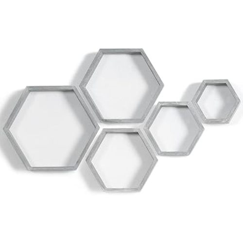 PHOENANCEE Hexagon Floating Shelves,Wall Mounted Wood Farmhouse Storage Honeycomb Wall Shelf Set of 5,for Bathroom, Kitchen, Bedroom, Living Room,Office,Driftwood Finish (Vintage Grey)