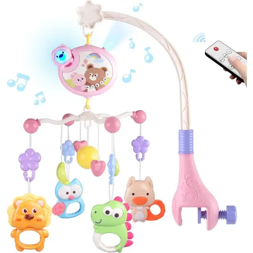 Crib Mobile with Music and Lights, Baby Mobiles for Cribs, Nursery Musical Mobile for Bassinets Toys Hanging Girls Boys, Pack and Play Space Portable Animal Mobile Hanger Arm Clip On Attachment