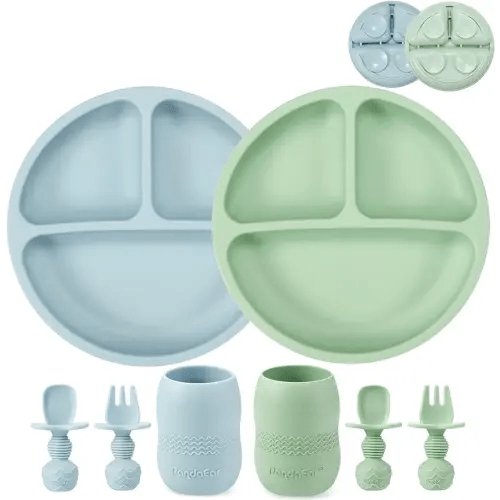 PandaEar Silicone Baby Feeding Set| 2 Pack Silicone Divided Suction Plate and 2 Pack Tiny Cup with 2 Spoons 2 Forks| Baby Led Weaning Supplies Self Feeding Eating Utensils (Blue/Green)
