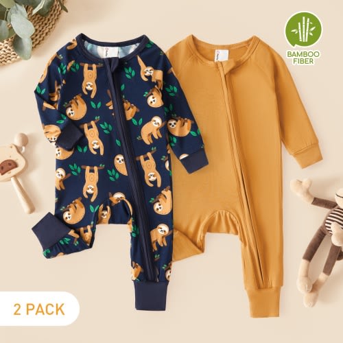 PatPat Bamboo Baby Pajamas Baby Girl Gifts Snug Fit Zipper Long-Sleeved Baby Bodysuits Sleepwear,2Pack,0-24 Months