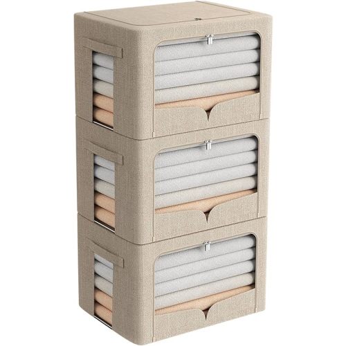 3 Pack Clothes Storage Bins Foldable Metal Frame Storage Box Stackable Linen Fabric Organizer Set with Carrying Handles and Clear Window (Beige, 15.7x11.8x11.8inch(36L))