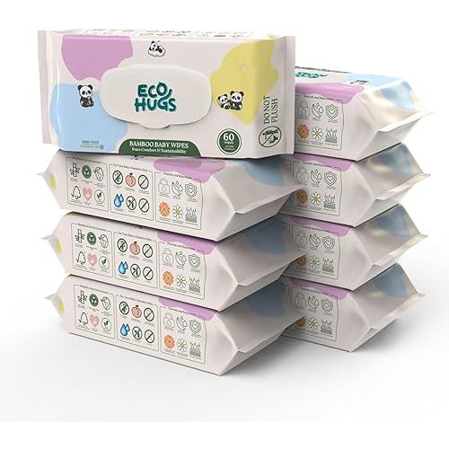 EcoHugs Unbleached Organic Bamboo Baby Wipes, with Aloe, Vitamin E, and Calendula, Hypoallergenic and Unscented, for Sensitive Skin, 480 Wipes (8 Packs)