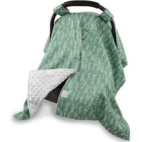 Baby Car Seat Canopy Soft Minky Plush Dotted Backing Baby Car Seat Cover Girls, Infant Carseat Canopy, Stretchy Multi- use Nursing Cover for Stroller/High Chair/Shopping Cart/Car Seat Canopies Sage