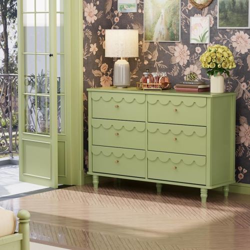 Anbuy Green Scalloped Nursery Chests and Dresser for Kids Bedroom Wood 6 Drawer Dresser, Dressers & Chests of Drawers with Metal Handles for Bedroom, Nursery, Hallway