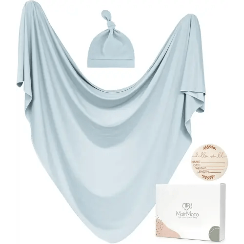 Baby Swaddle Receiving Blankets with Matching Beanie Set Newborn Nursery Swaddle Wrap for Baby Girls and Boys (Blue)