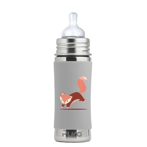 Pura Kiki 9oz/275ml Stainless Steel Infant Bottle w/Sleeve, Anti-Colic, 100% Plastic-Free, MadeSafe Certified, Medical-Grade Silicone, Medium-Flow Nipple, for Babies 3 Months & Up - (Fox)