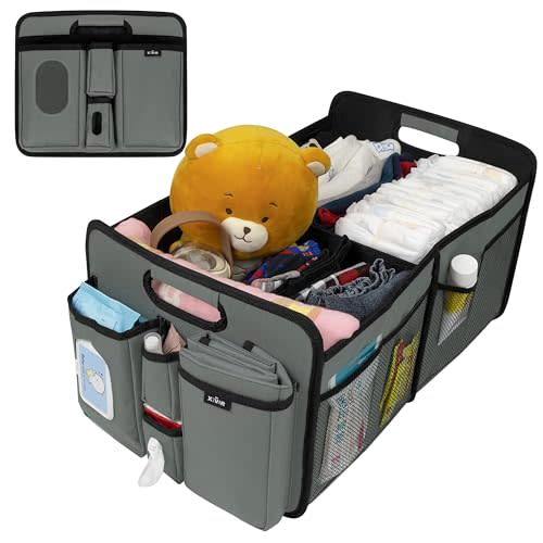 XEVAR Baby Diaper Caddy Organizer with Changing Mat - Portable Car Caddy for Newborn Essentials, Diapers & Wipes, Gift for Baby Shower and New Mom | Oxford Fabric, Grey