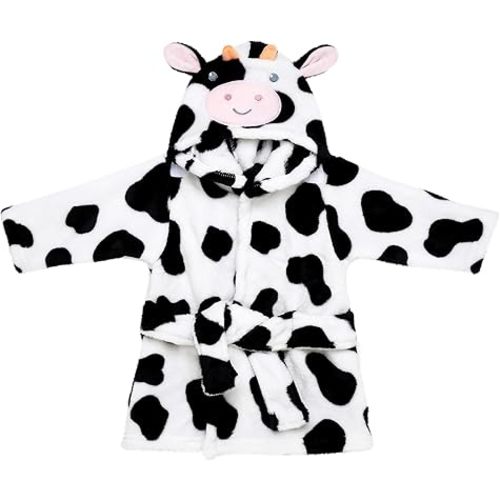 Novelty Plush Robe witih Cow Embroidered Hood for Baby, Infant 0-9M (Black and White Cow Print)
