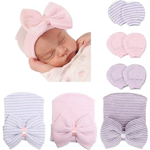 DRESHOW BQUBO Newborn Hospital Hat and Mittens Infant Baby Beanie Soft Cotton Cute Knot Nursery Cap for 0-6 Months Girls Boys