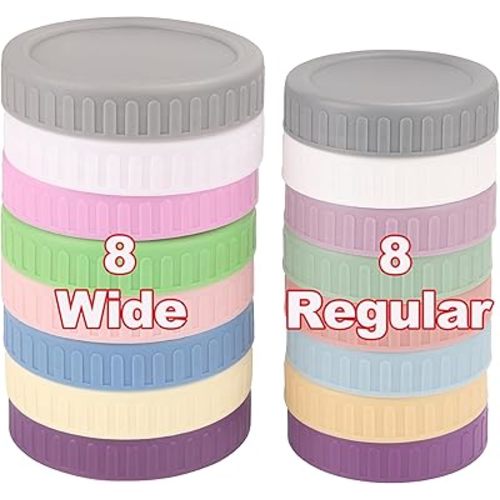 [16 Piece]8 Wide Mouth + 8 Regular Mouth Mason Jar Lids, Multi Color Plastic Lids for Mason Jars with Silicone Rings, Thickened Leak-Proof Canning Lids Regular Wide Mouth