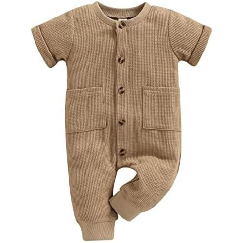 Ynibbim Winter Newborn Baby Boy Girl Solid Romper Unisex Infants Hooded Outfit Clothes Waffle Cotton Button Jumpsuits