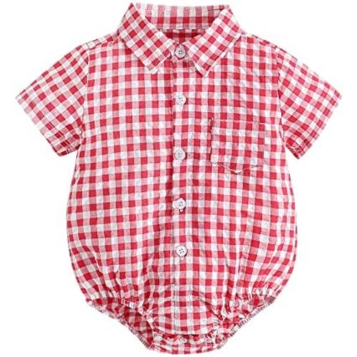 Baby Plaid Romper Short Sleeve Lapel Newborn Boys Button Down Onesie Pockets Shirt Jumpsuit Casual Soft