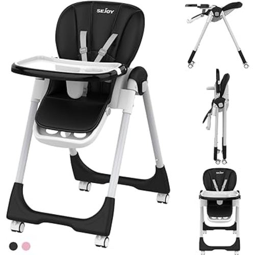 Baby High Chair with 4 Wheels for Babies & Toddlers,for 6 Months-6 Years,Up to 110 LBs/50kg,Removable Dishwasher Meal Tray,Adjustable Backrest Footrest Tray Positions Seat Heights (Black)