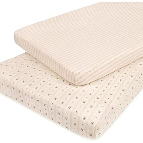 Ely’s & Co. Pack and Play Sheets, for Mini/Portable Crib, 2 Pack Fitted Playpen Play Yard Sheet Set Compatible with Graco Pack n Play, for Baby Girls, 100% Cotton, Pink Linear Floral, 38”x24”x5”