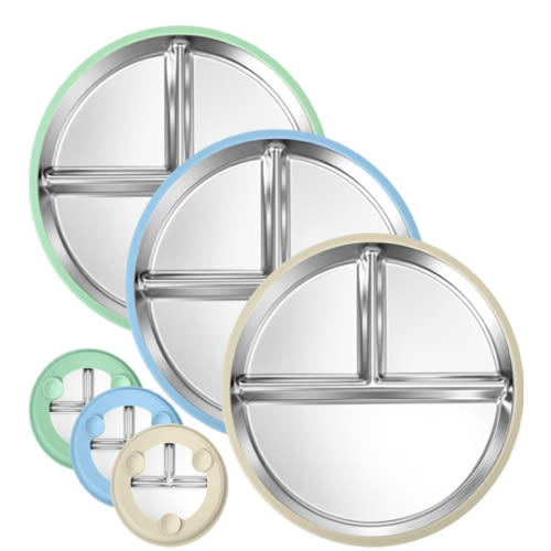 BUSOHA 3 Pack Stainless Steel Kids Plate with Suction - 9” Divided Toddler Baby Plates with Silicone Sleeves Non-Slip 2-in-1 Anti Breakage Metal Toddler Bowls Microwave Dishwasher Safe