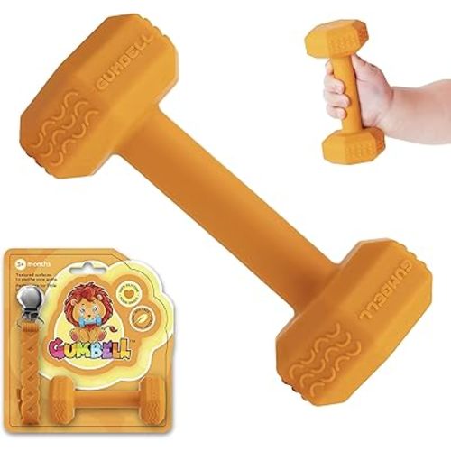 Gumbell- Baby Dumbbell Teething Toy with Pacifier Clip, Baby Toys 3-6 Months, Silicone Teether for Babies 6-12 Months, Fitness Novelty Teether (Orange)