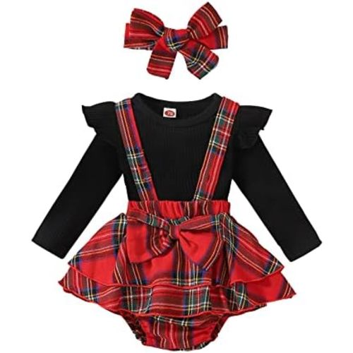 Hnyenmcko Newborn Baby Girl Christmas Clothes Infant Red Plaid Romper Dress Ruffle Long Sleeve Ribbed Bodysuit Headband Set