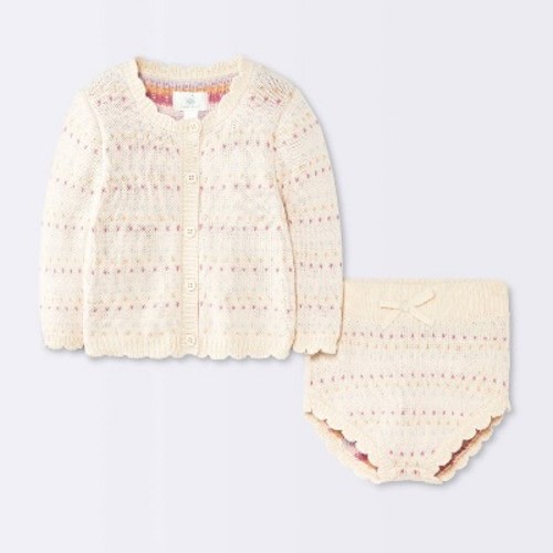 Baby Girls' 2pc Birdseye Pointelle Sweater Cardigan and Bloomer Set - Cloud Island™ Cream 0-3M
