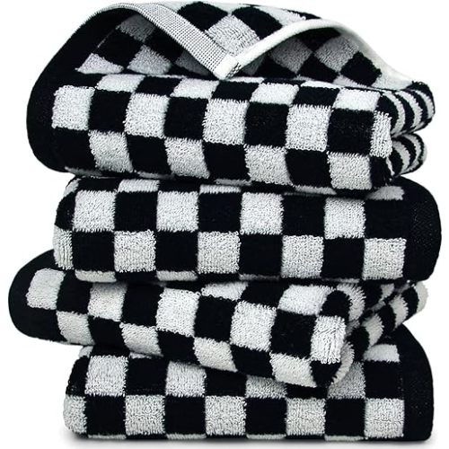 Black and White Hand Towels for Kitchen 4 Pack Cotton, Decorative Bathroom Towels Checkered Decor Farmhouse Cute for Men Women Gifts, 13" x 29"