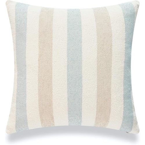 Hofdeco Beach Coastal Decorative Pillow Cover ONLY for Couch, Sofa, or Bed, Light Blue Tan Taupe Woven Stripe, 18"x18"
