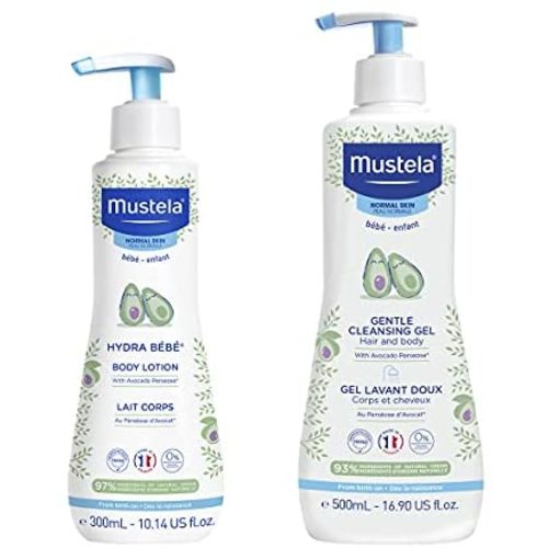 Mustela Baby Bath Time Gift Set - Baby Skin Care Essentials with Natural Avocado - Contains Hydra Bebe Body Lotion 10.14 fl. oz. & Gentle Cleansing Gel 16.9 fl. oz. - 2 Items Set