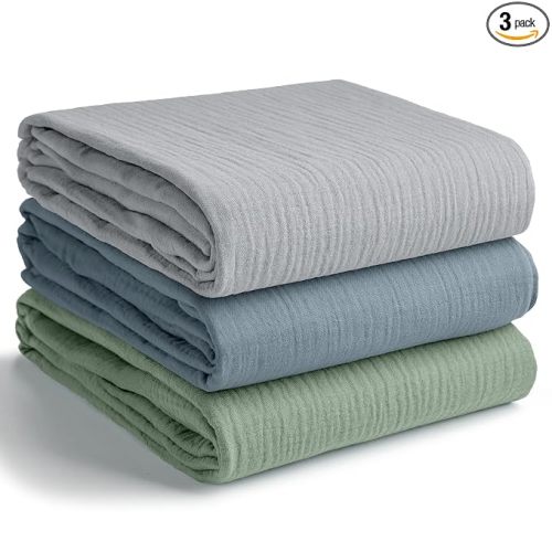 Comfy Cubs Muslin Swaddle Blankets Pack of 3, 42 x 42 Inch Soft 100% Cotton Baby Blanket Set, Large Wraps for Newborns - Self-Soothing Swaddles for Newborns - Heather Blue, Pacific Blue, Fern