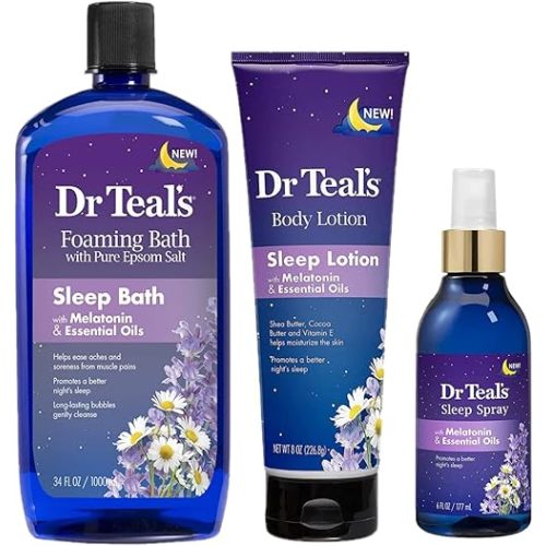 Dr Teals Melatonin Sleep Bath Gift Set (Foaming Bath (34 oz), Body Lotion (8 oz), & Sleep Spray (6oz) - Stress Relief Lavender & Melatonin Promotes Better Sleep - At Home Spa Kit - Relax Before Bed