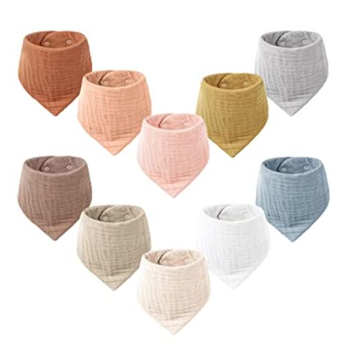 Konssy Muslin Baby Bibs 10 Pack Baby Bandana Drool Bibs 100% Cotton for Unisex Boys Girls, 10 Solid Colors Set for Teething and Drooling - Light Color