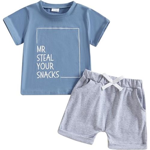 Baby Boy Summer Clothes Toddler Infant Outfit Short Sleeve Letter T Shirt Tops and Stretch Shorts Clothing Set