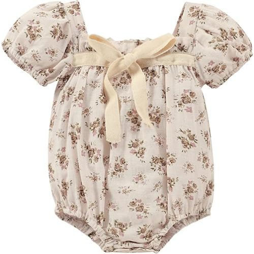 Kupretty Newborn Baby Girl Cotton Summer Clothes Vintage Floral Romper Square Neck Short Sleeve Bodysuit Jumpsuit