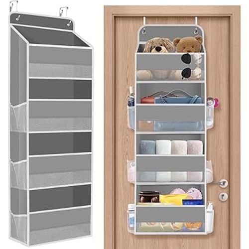 1 Pack Over The Door Organizer, Hanging Storage Organizer with Clear Window, 40lb Ultra Sturdy Large Capacity Room Organizer for Pantry Laundry Bathroom Nursery Closet Baby Essential (Grey)