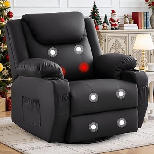 Oversized Recliner Chair, 360° Swivel Recliner for Adults,Swivel Rocker Recliner Chair with Heat and Massage, Manual Recliner with Remote Control and Cup Rolders for Living Room, Faux Leather